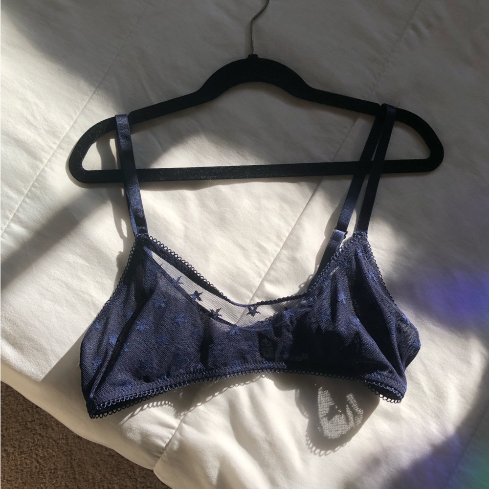 Cute & Celestial NWB Navy Blue Sheer Bralette with Star Pattern & Clasp, Size S